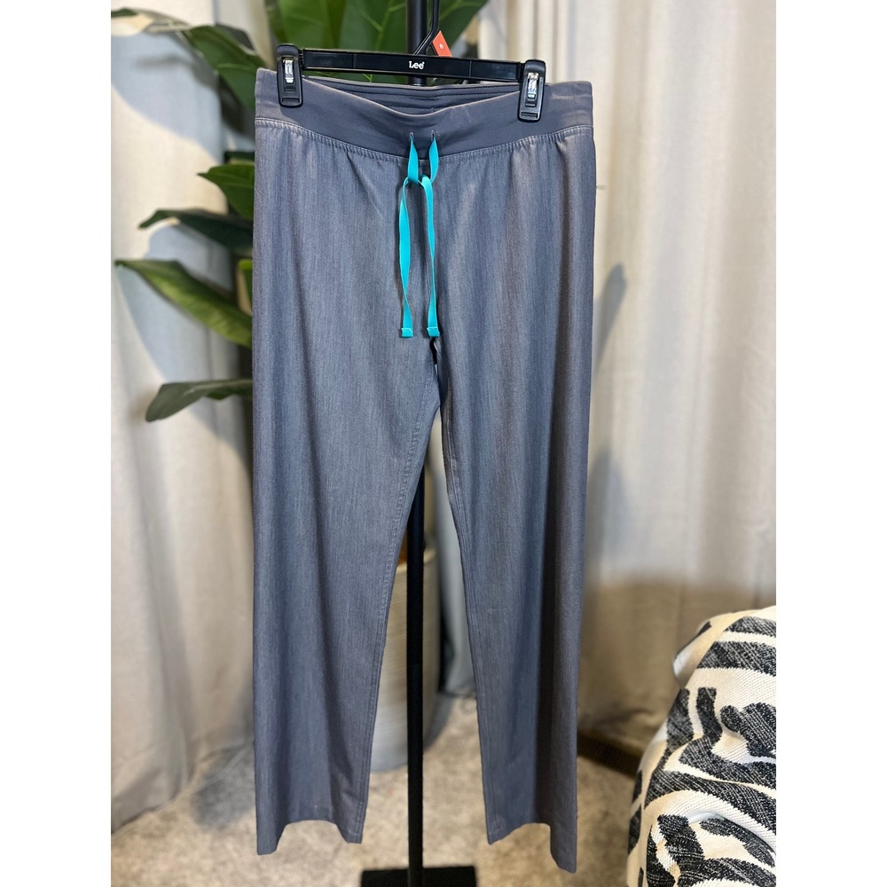 FIGS Womens Heather Gray Straight Leg Scrub Pants Teal Drawstring Small Regular
